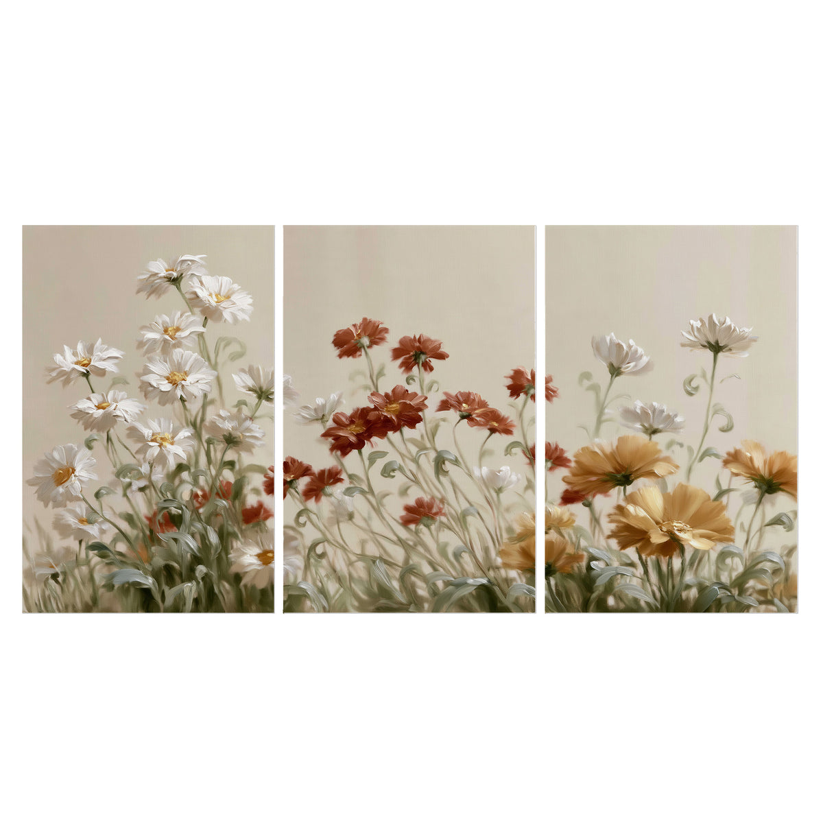 Loose ivory, rust and golden wildflowers on a soft neutral background set of 3 poster prints viewed straight on
