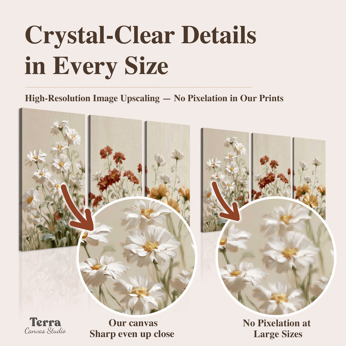 Loose ivory, rust and golden wildflowers on a soft neutral background artwork quality information
