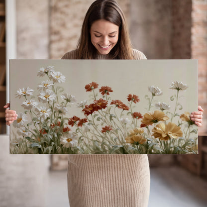 Loose ivory, rust and golden wildflowers on a soft neutral background single canvas wall art held in hands