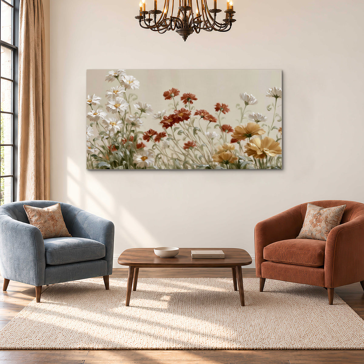 Loose ivory, rust and golden wildflowers on a soft neutral background single canvas wall art styled in an interior