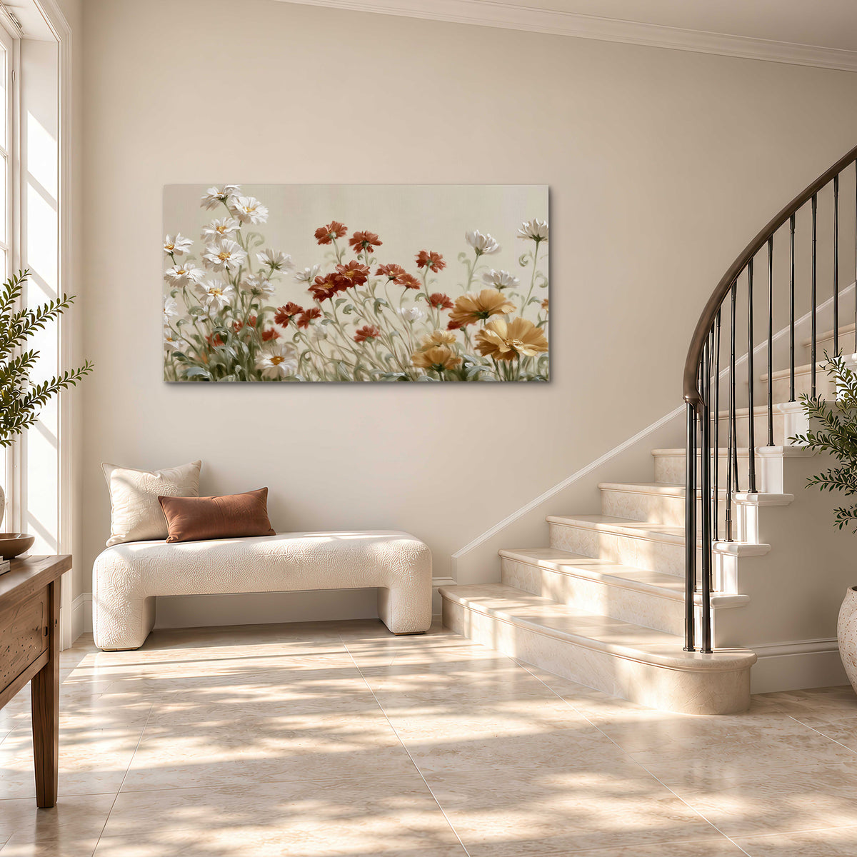 Loose ivory, rust and golden wildflowers on a soft neutral background single canvas wall art styled in an interior