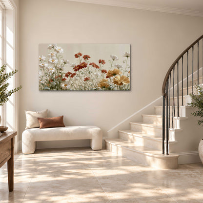 Loose ivory, rust and golden wildflowers on a soft neutral background single canvas wall art styled in an interior