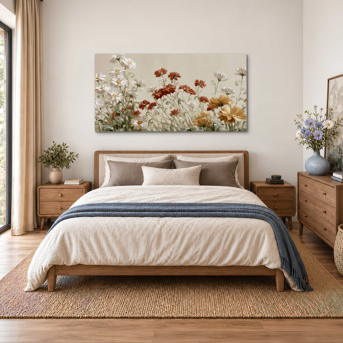 Loose ivory, rust and golden wildflowers on a soft neutral background single canvas wall art styled in an interior