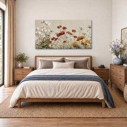 Loose ivory, rust and golden wildflowers on a soft neutral background single canvas wall art styled in an interior