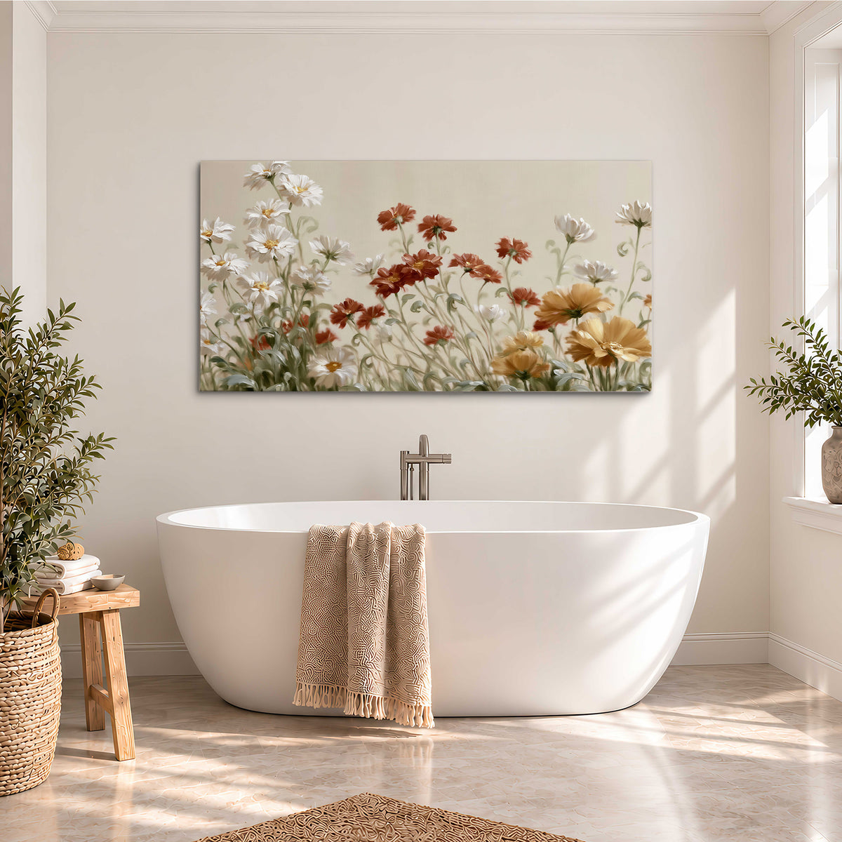 Loose ivory, rust and golden wildflowers on a soft neutral background single canvas wall art styled in an interior