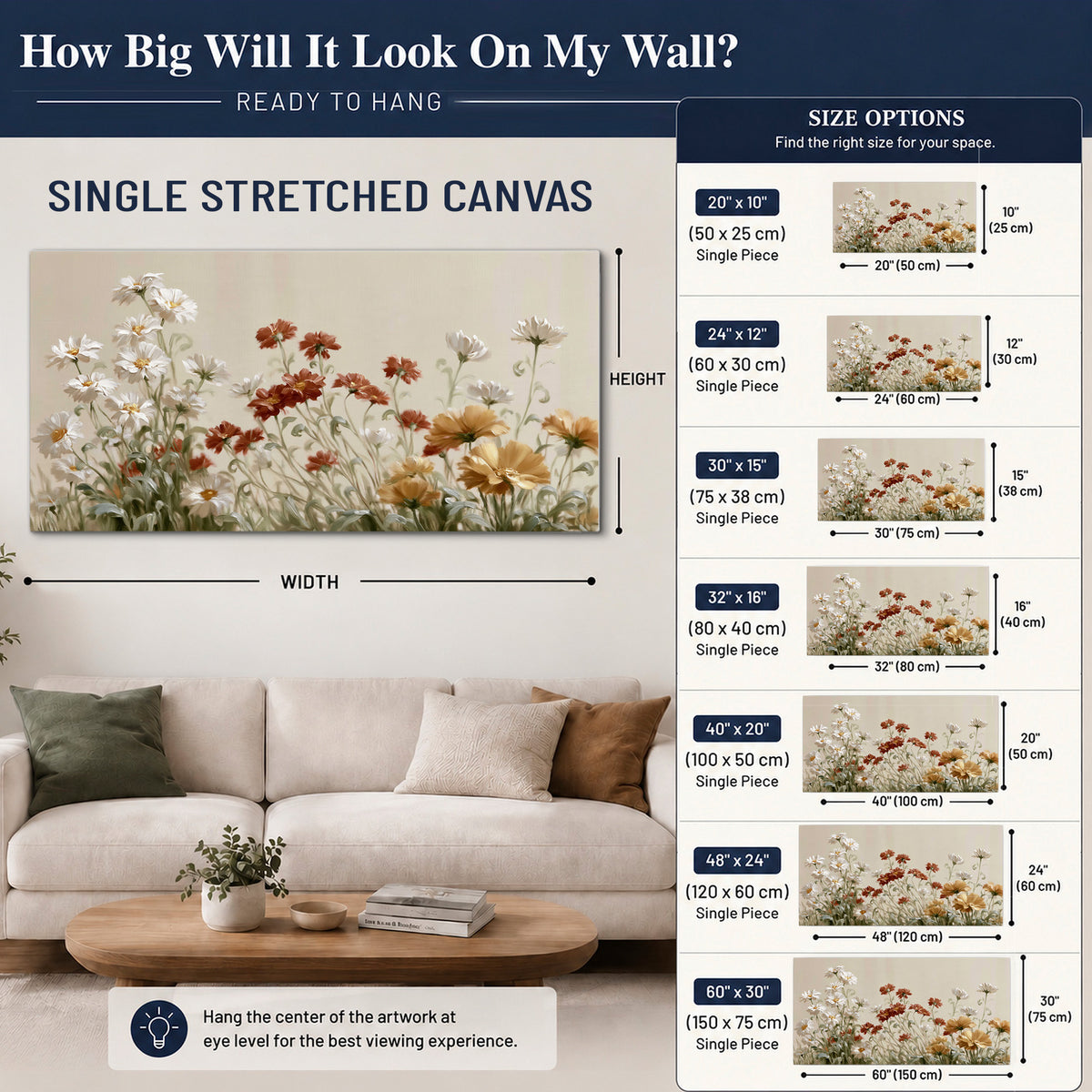 Loose ivory, rust and golden wildflowers on a soft neutral background single canvas wall art size guide above a sofa; room view is illustrative