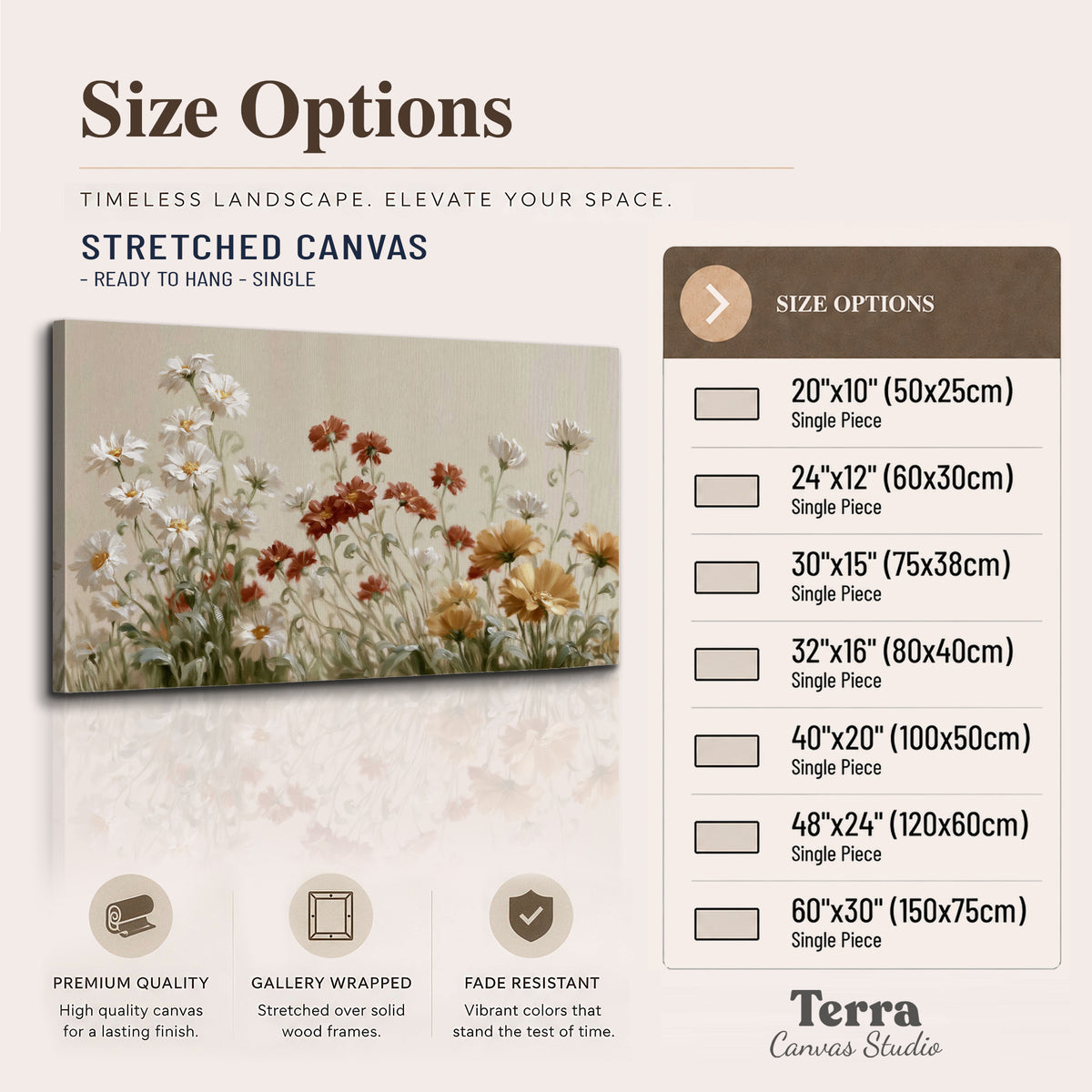 Loose ivory, rust and golden wildflowers on a soft neutral background single canvas wall art available dimensions