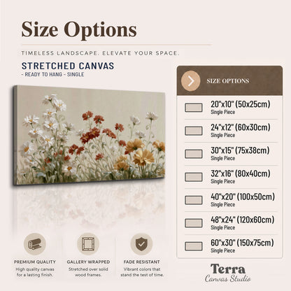 Loose ivory, rust and golden wildflowers on a soft neutral background single canvas wall art available dimensions