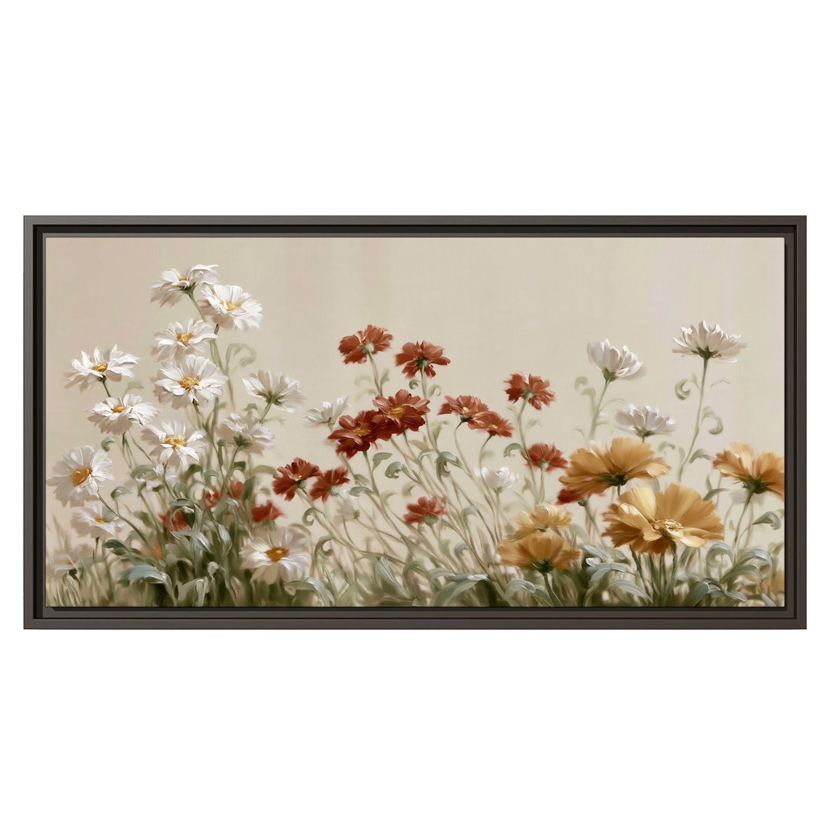 Loose ivory, rust and golden wildflowers on a soft neutral background single framed canvas wall art viewed straight on