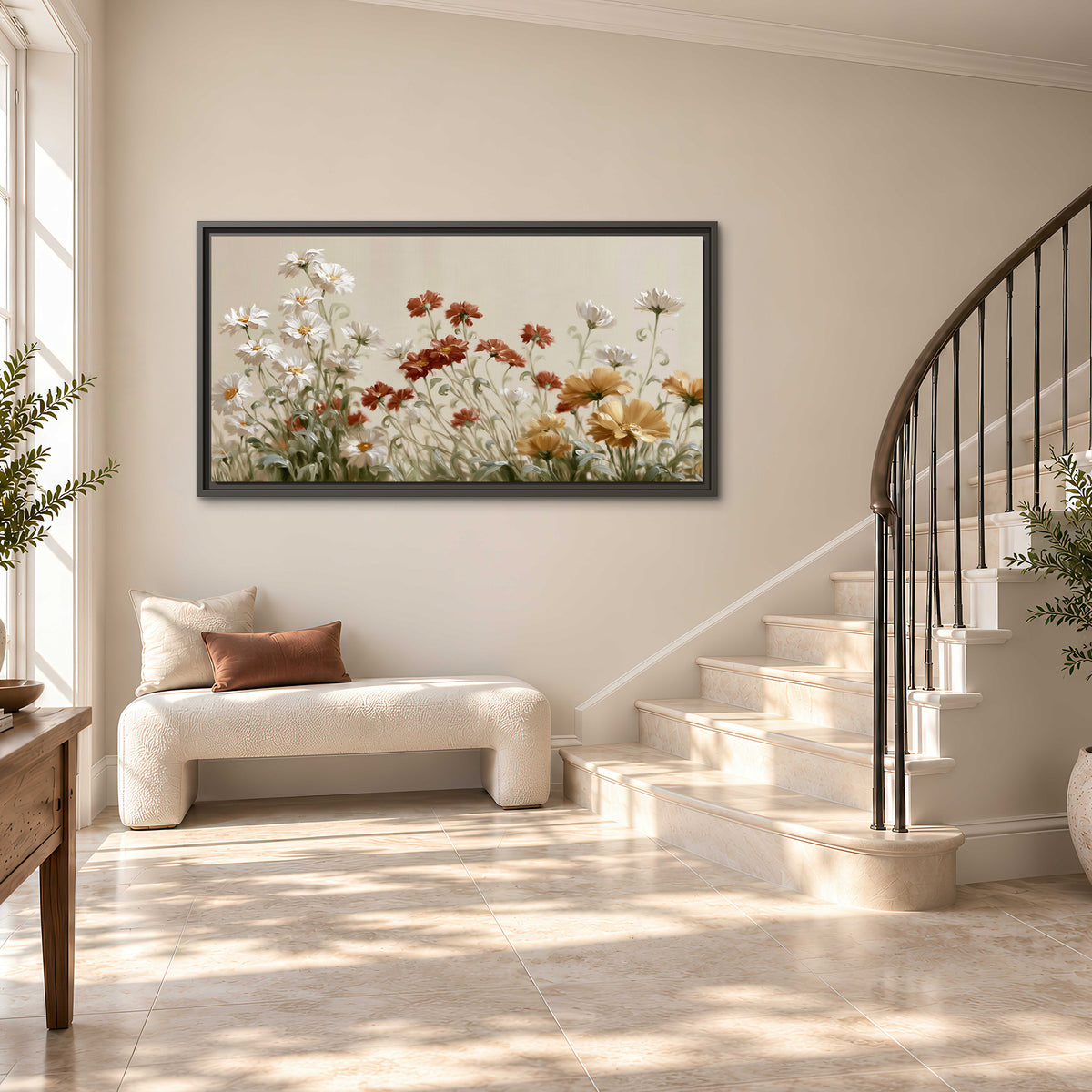 Loose ivory, rust and golden wildflowers on a soft neutral background single framed canvas wall art styled in an interior