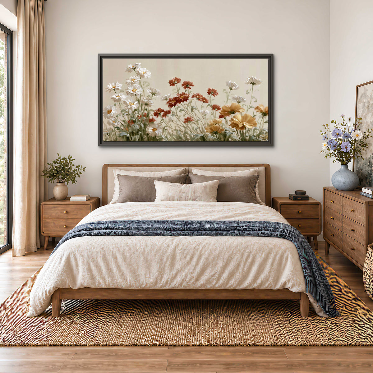 Loose ivory, rust and golden wildflowers on a soft neutral background single framed canvas wall art styled in an interior