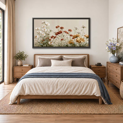 Loose ivory, rust and golden wildflowers on a soft neutral background single framed canvas wall art styled in an interior