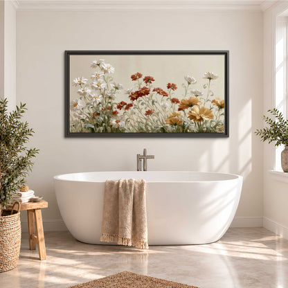 Loose ivory, rust and golden wildflowers on a soft neutral background single framed canvas wall art styled in an interior