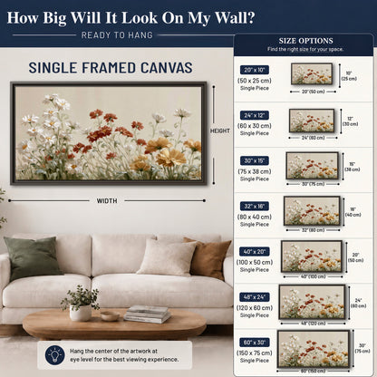 Loose ivory, rust and golden wildflowers on a soft neutral background single framed canvas wall art size guide above a sofa; room view is illustrative
