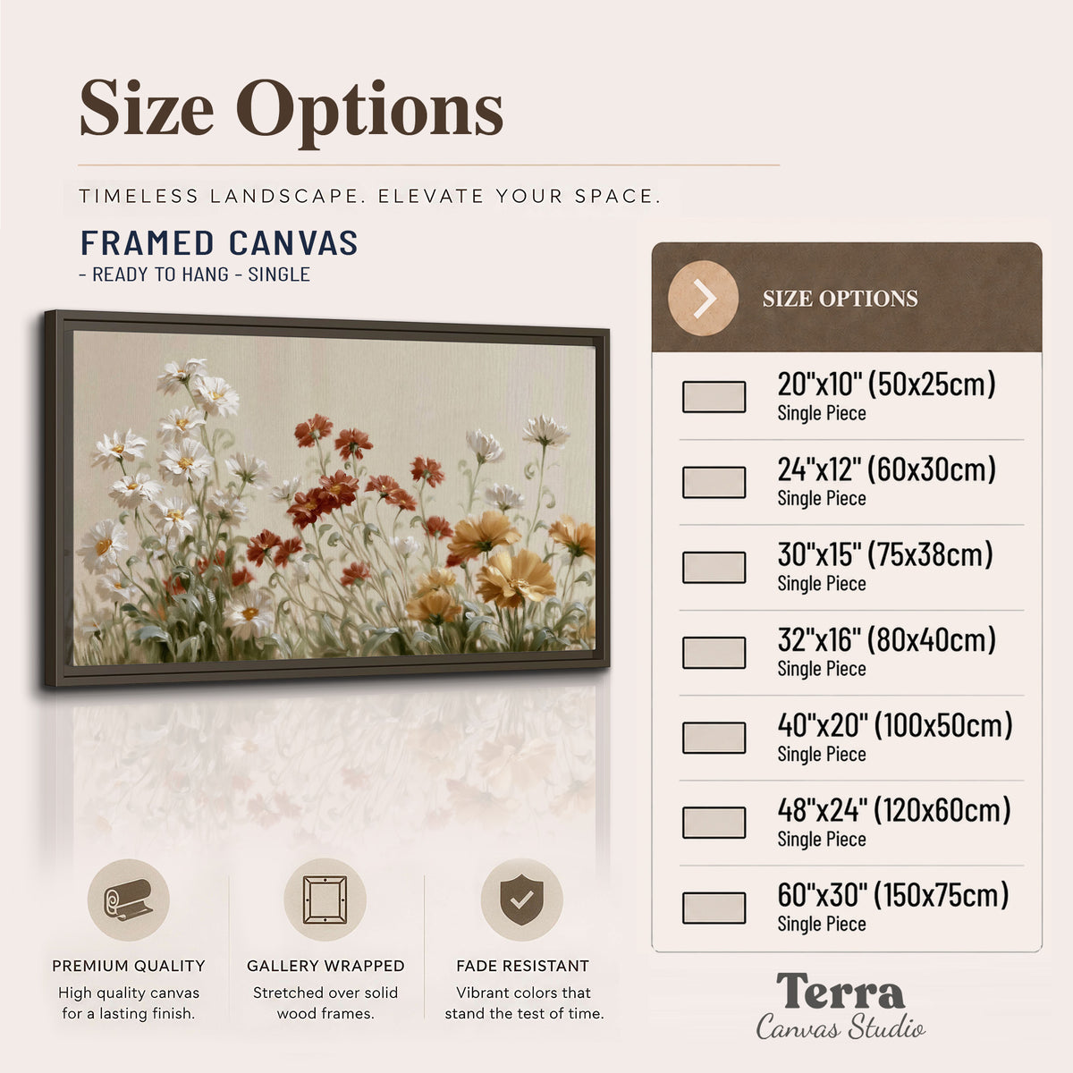 Loose ivory, rust and golden wildflowers on a soft neutral background single framed canvas wall art available dimensions