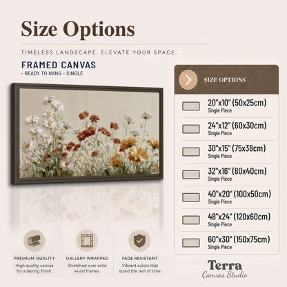 Loose ivory, rust and golden wildflowers on a soft neutral background single framed canvas wall art available dimensions
