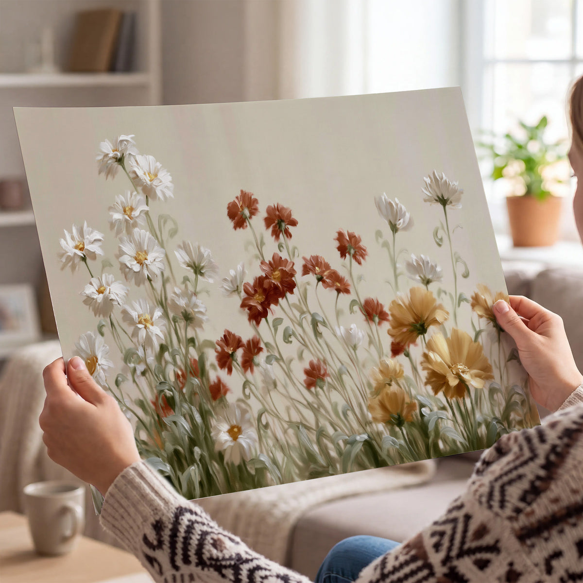 Loose ivory, rust and golden wildflowers on a soft neutral background single poster print held in hands