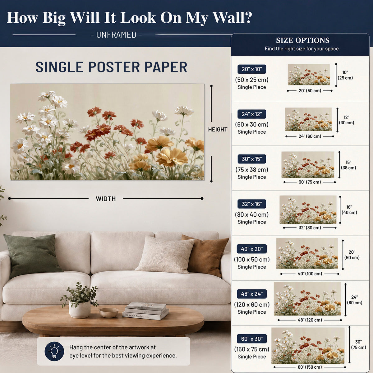 Loose ivory, rust and golden wildflowers on a soft neutral background single poster print size guide above a sofa; room view is illustrative