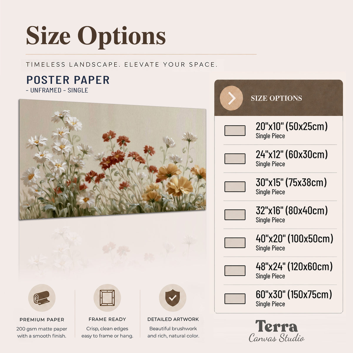 Loose ivory, rust and golden wildflowers on a soft neutral background single poster print available dimensions