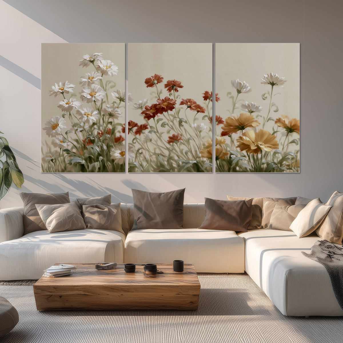 Loose ivory, rust and golden wildflowers on a soft neutral background set of 3 poster prints displayed in a living room