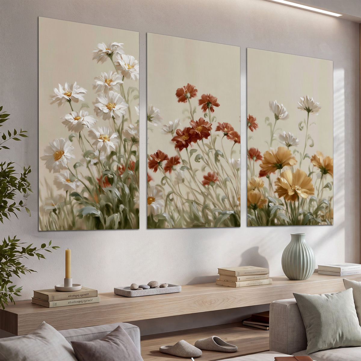 Loose ivory, rust and golden wildflowers on a soft neutral background set of 3 poster prints displayed in a console