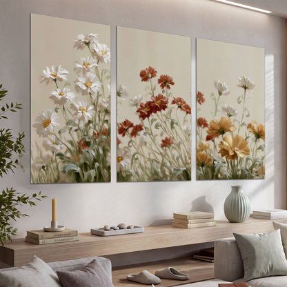 Loose ivory, rust and golden wildflowers on a soft neutral background set of 3 poster prints displayed in a console