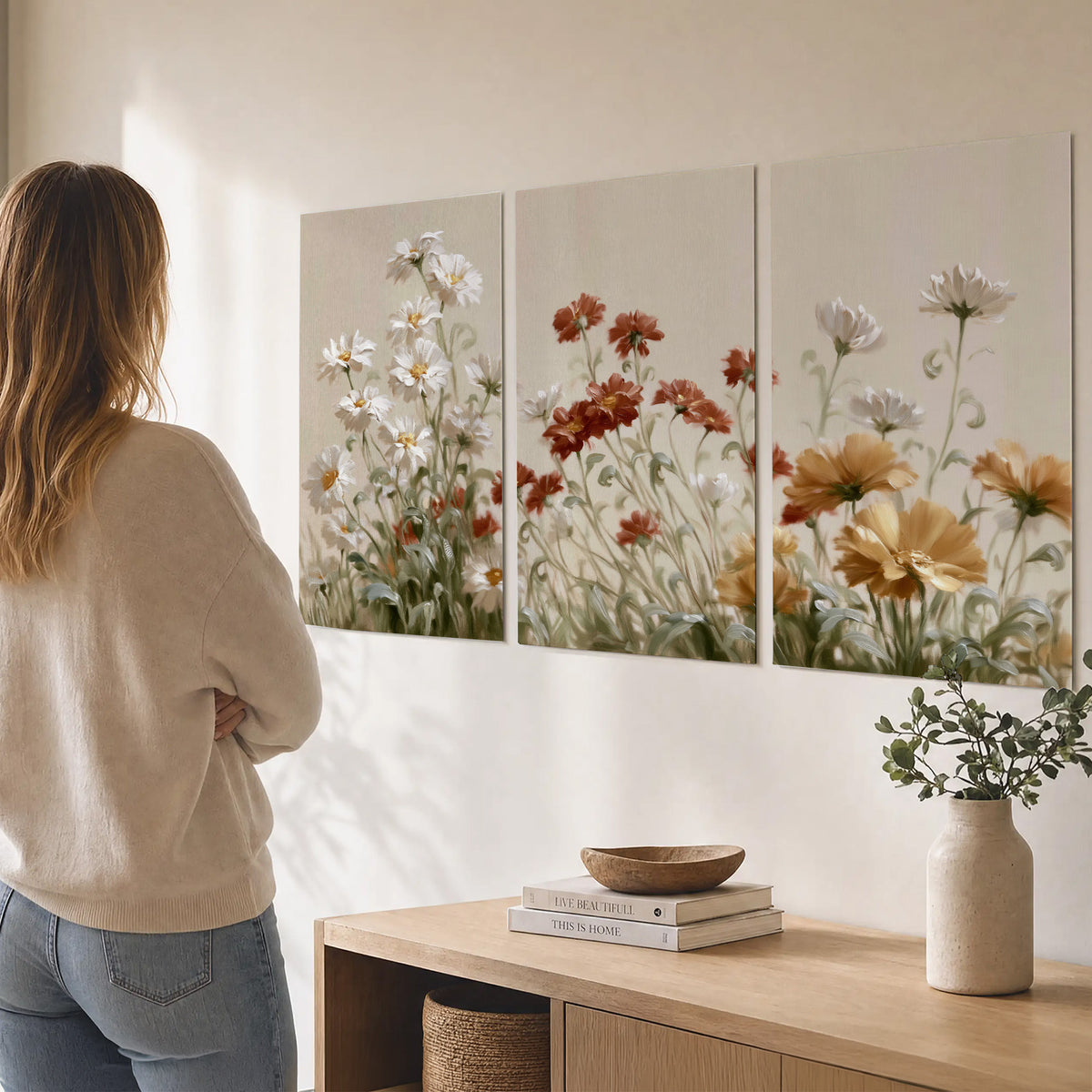 Loose ivory, rust and golden wildflowers on a soft neutral background set of 3 poster prints three panel arrangement on a wall