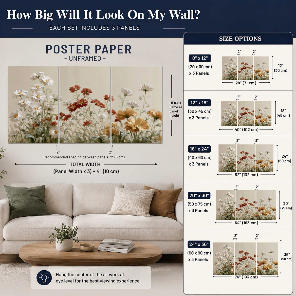 Loose ivory, rust and golden wildflowers on a soft neutral background set of 3 poster prints size guide above a sofa; room view is illustrative