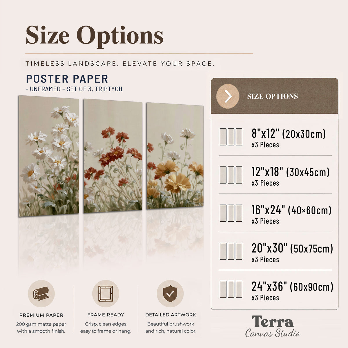 Loose ivory, rust and golden wildflowers on a soft neutral background set of 3 poster prints available dimensions; triptych dimensions are per panel