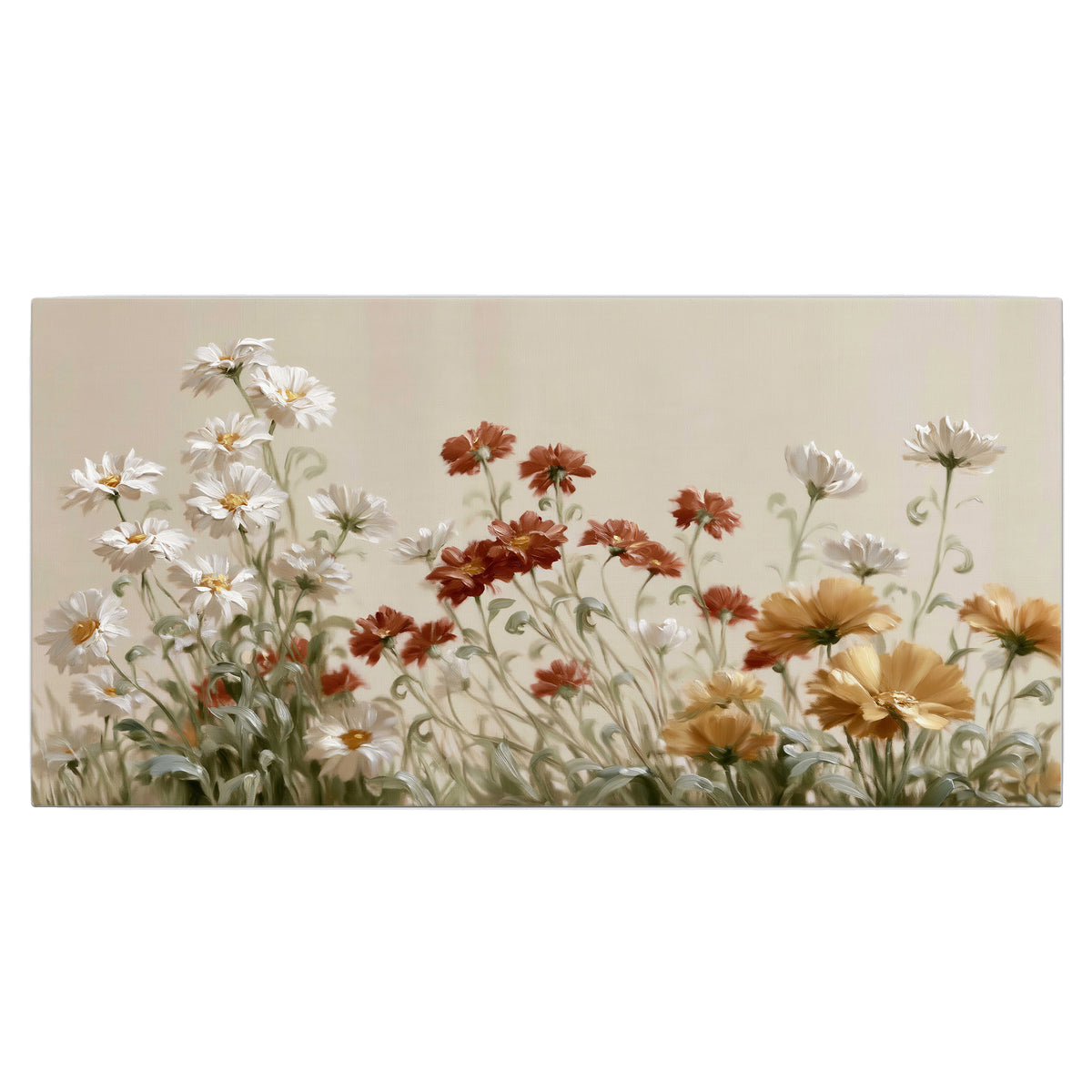 Loose ivory, rust and golden wildflowers on a soft neutral background single canvas wall art viewed straight on