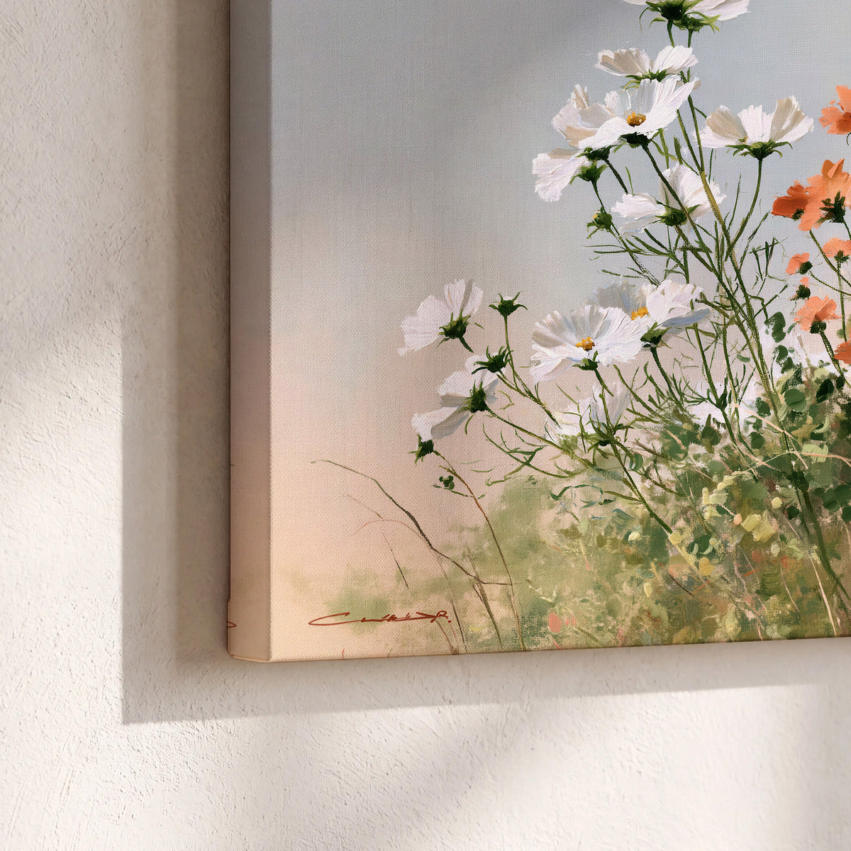 White and orange meadow flowers with fine green stems under a pale sky 3 piece canvas wall art material and edge close up
