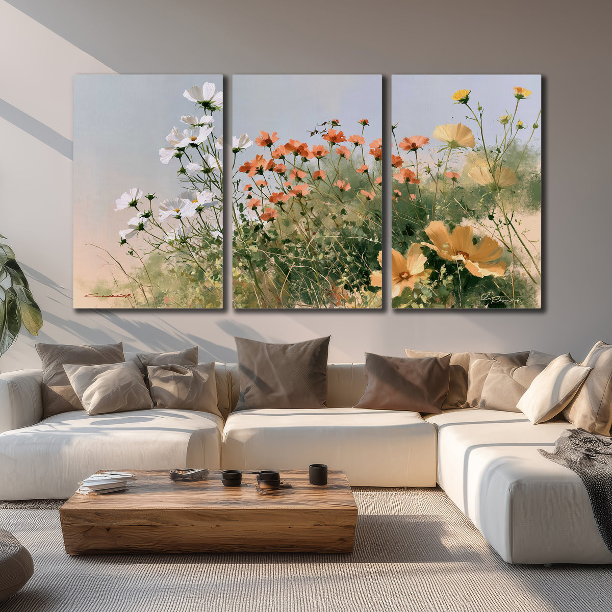 White and orange meadow flowers with fine green stems under a pale sky 3 piece canvas wall art displayed in a living room