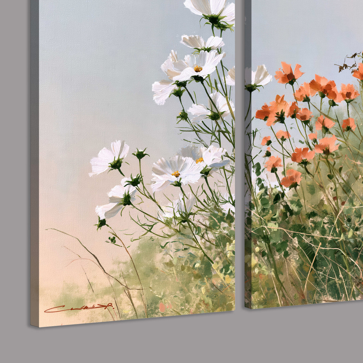 White and orange meadow flowers with fine green stems under a pale sky 3 piece canvas wall art room and product view