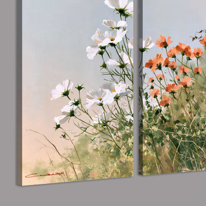 White and orange meadow flowers with fine green stems under a pale sky 3 piece canvas wall art room and product view