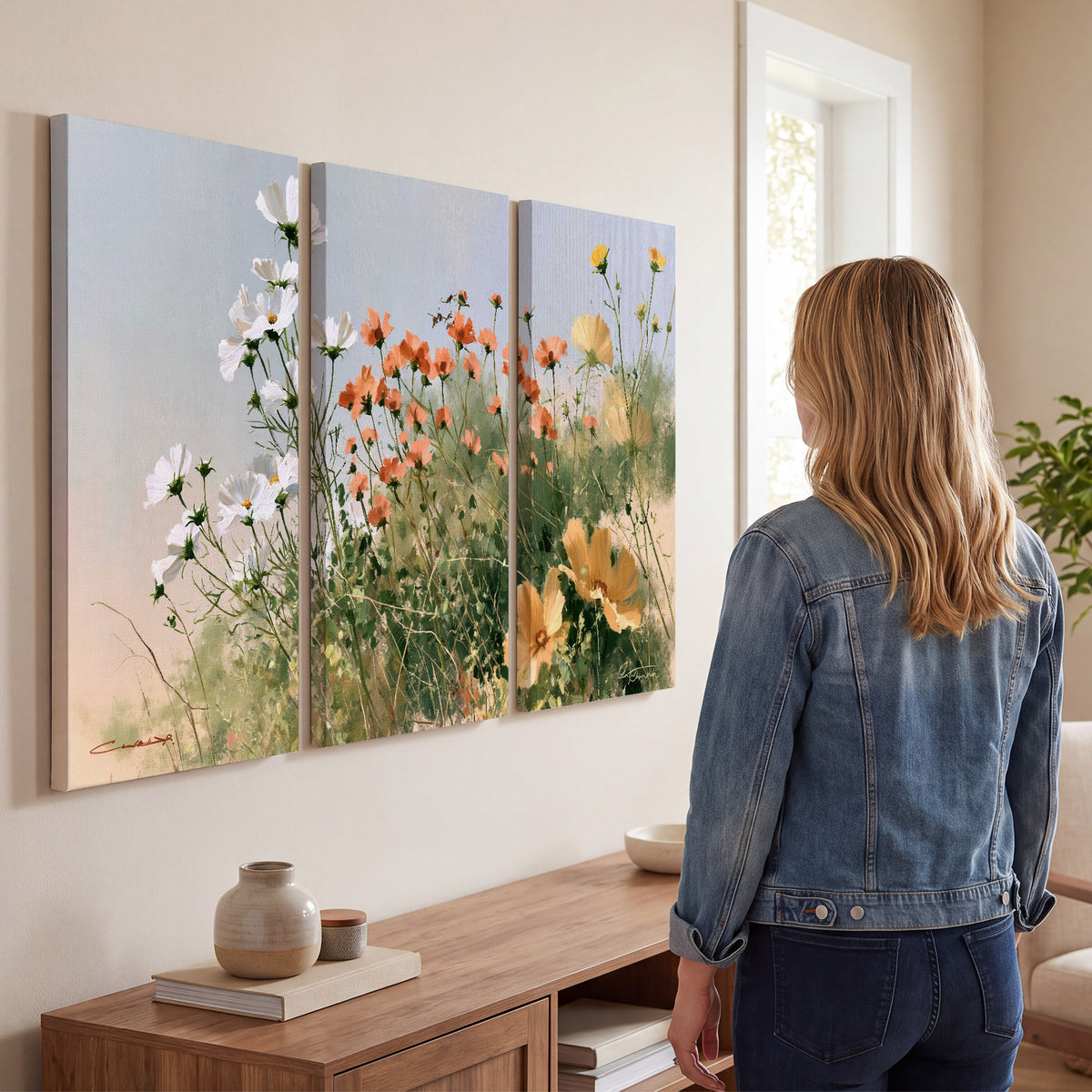 White and orange meadow flowers with fine green stems under a pale sky 3 piece canvas wall art three panel arrangement on a wall