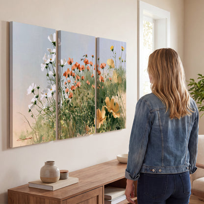 White and orange meadow flowers with fine green stems under a pale sky 3 piece canvas wall art three panel arrangement on a wall
