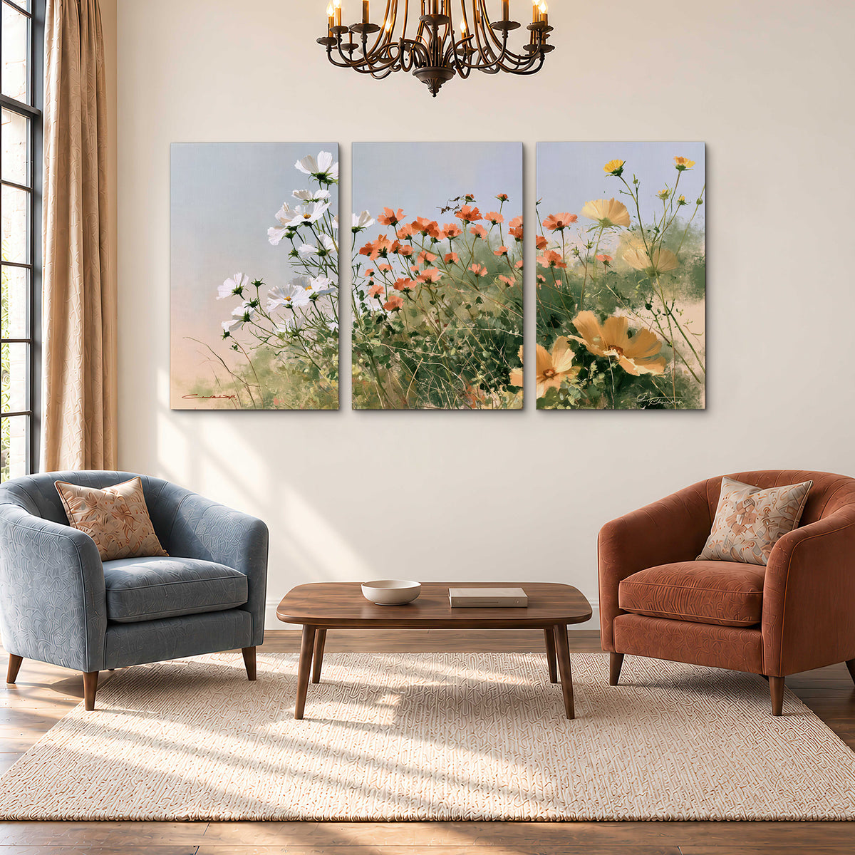 White and orange meadow flowers with fine green stems under a pale sky 3 piece canvas wall art styled in an interior