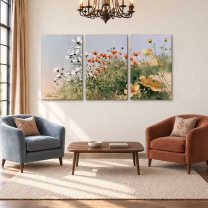 White and orange meadow flowers with fine green stems under a pale sky 3 piece canvas wall art styled in an interior