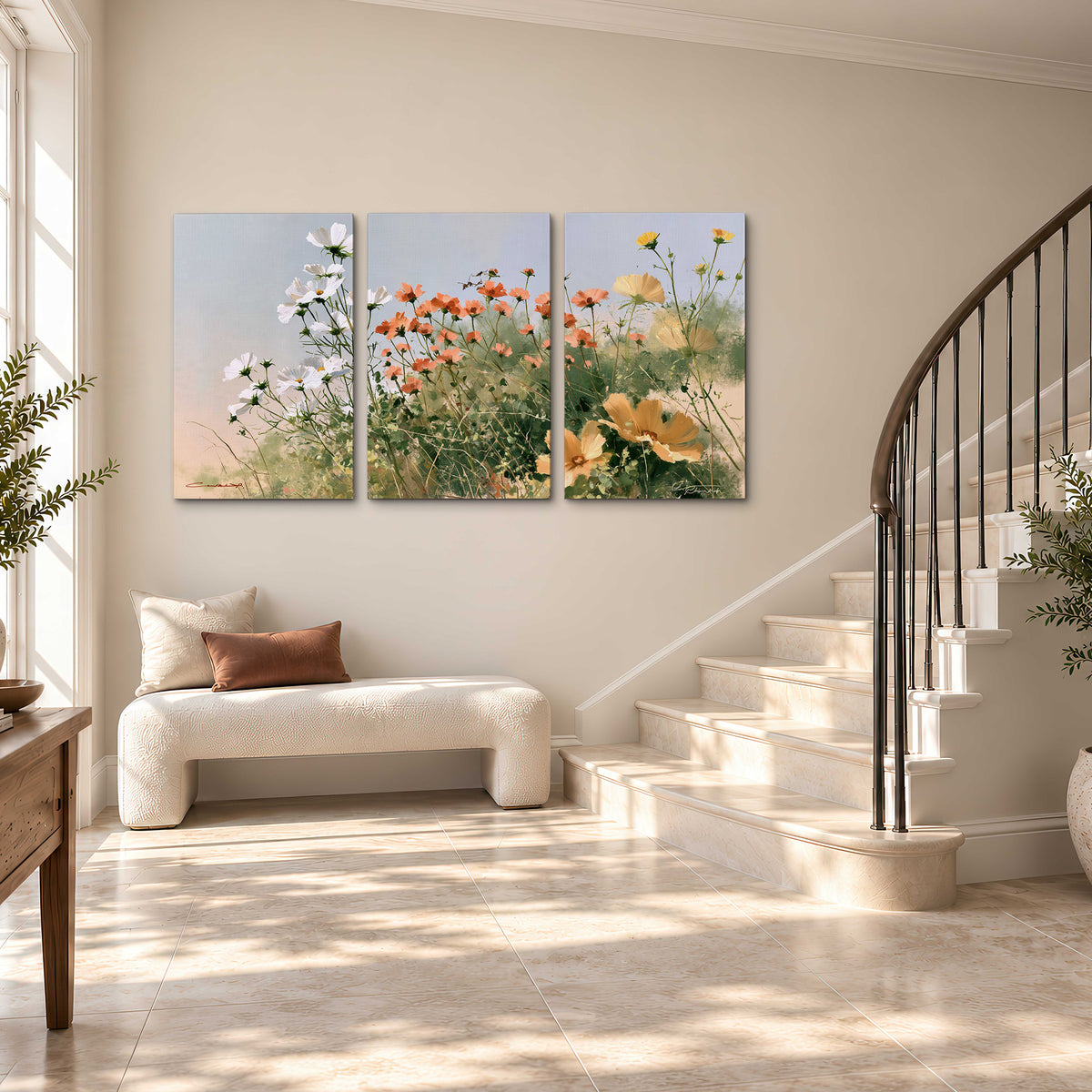 White and orange meadow flowers with fine green stems under a pale sky 3 piece canvas wall art styled in an interior