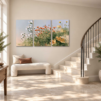White and orange meadow flowers with fine green stems under a pale sky 3 piece canvas wall art styled in an interior