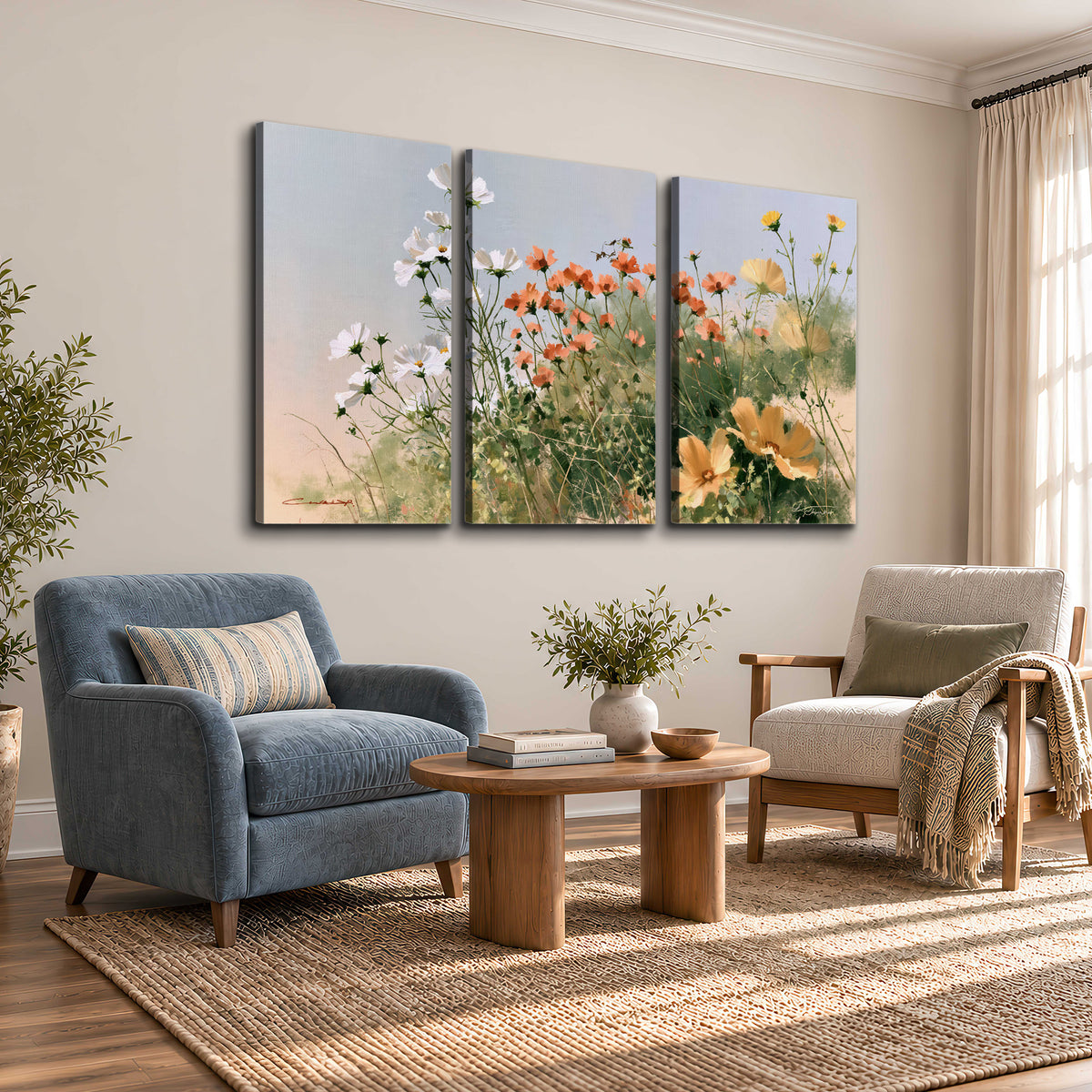 White and orange meadow flowers with fine green stems under a pale sky 3 piece canvas wall art styled in an interior
