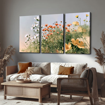 White and orange meadow flowers with fine green stems under a pale sky 3 piece canvas wall art displayed in a rustic living room