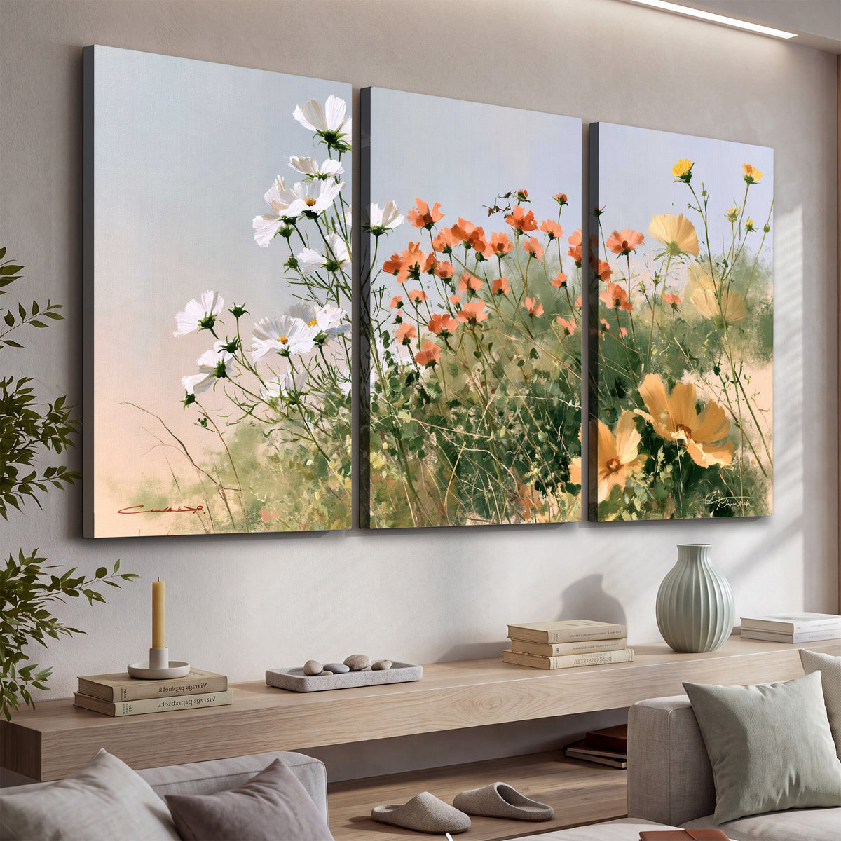 White and orange meadow flowers with fine green stems under a pale sky 3 piece canvas wall art displayed in a console