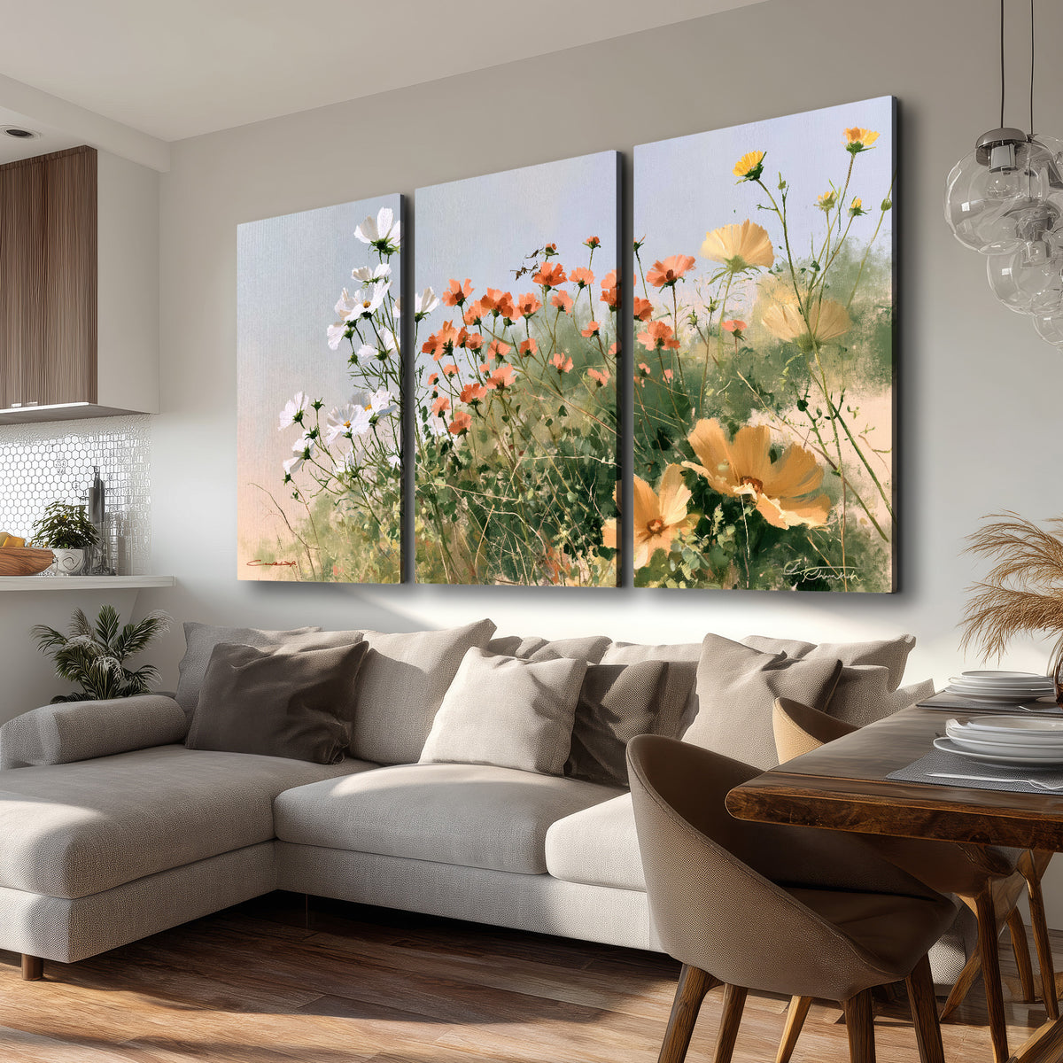 White and orange meadow flowers with fine green stems under a pale sky 3 piece canvas wall art room and product view