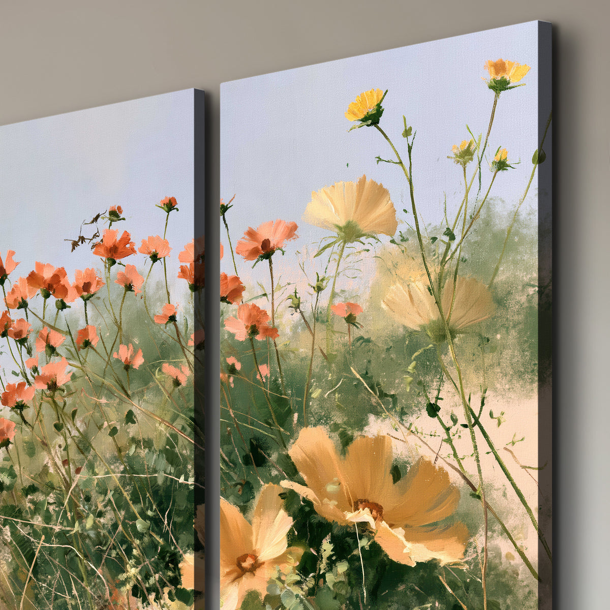 White and orange meadow flowers with fine green stems under a pale sky 3 piece canvas wall art room and product view