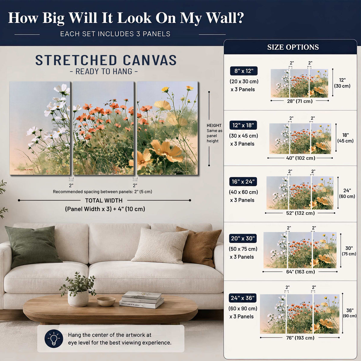 White and orange meadow flowers with fine green stems under a pale sky 3 piece canvas wall art size guide above a sofa; room view is illustrative
