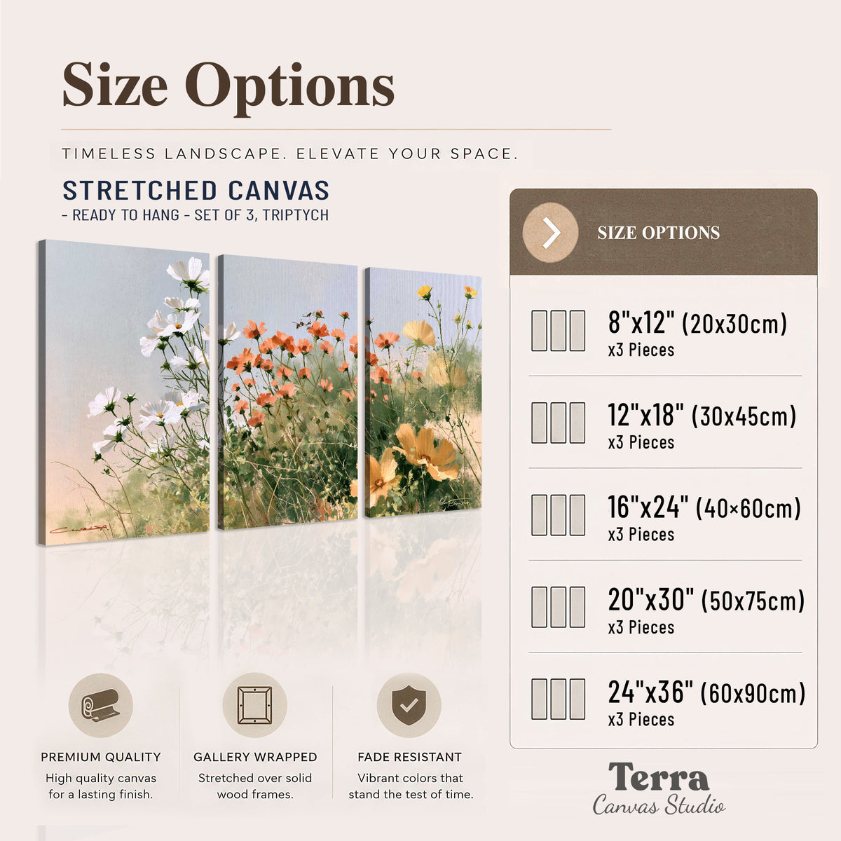 White and orange meadow flowers with fine green stems under a pale sky 3 piece canvas wall art available dimensions; triptych dimensions are per panel
