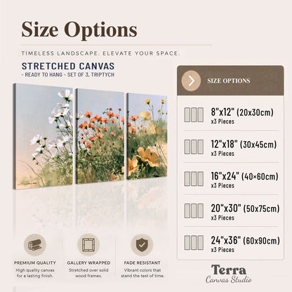 White and orange meadow flowers with fine green stems under a pale sky 3 piece canvas wall art available dimensions; triptych dimensions are per panel
