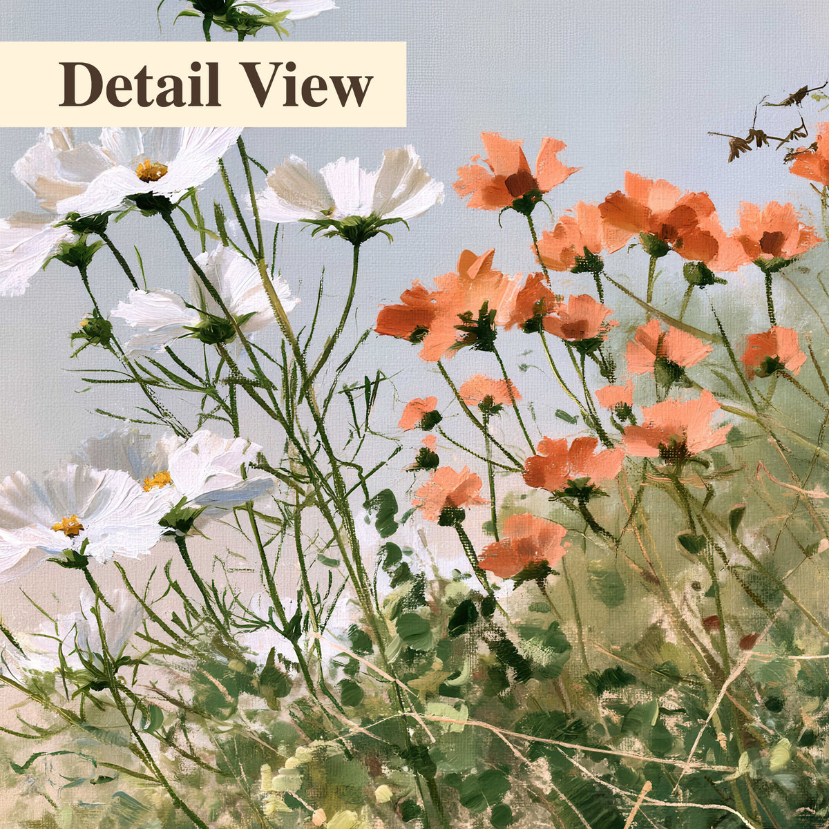 White and orange meadow flowers with fine green stems under a pale sky 3 piece canvas wall art artwork detail close up
