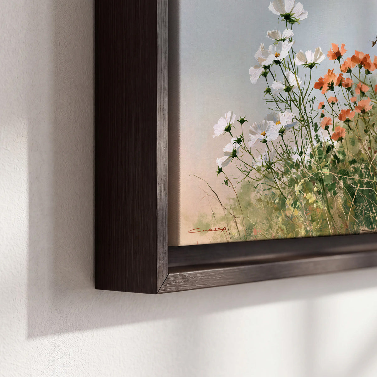 White and orange meadow flowers with fine green stems under a pale sky 3 piece framed canvas wall art material and edge close up